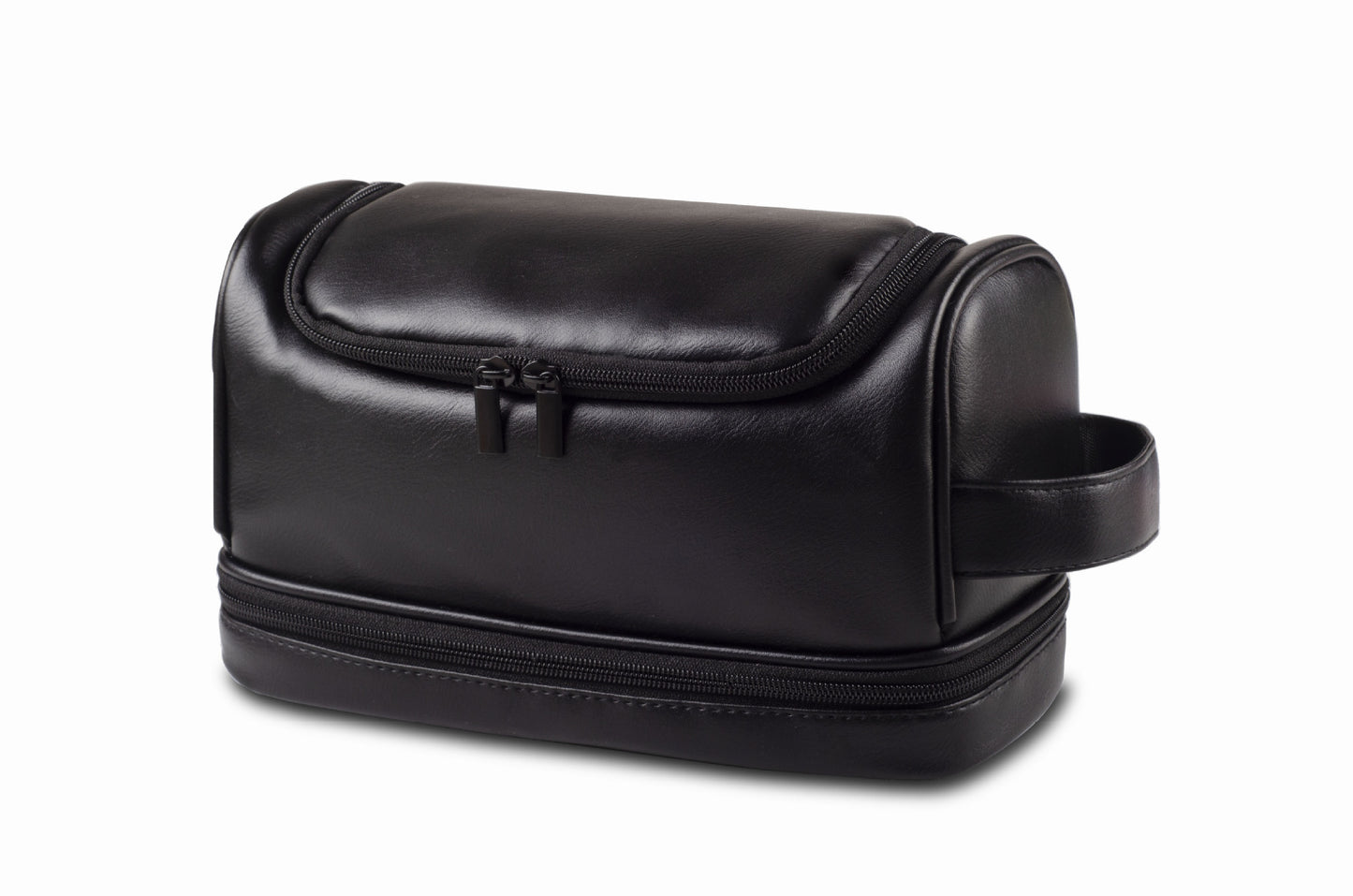 Black men’s leather toiletry bag and waterproof travel dopp kit with zip compartments and carry handle by Torvato