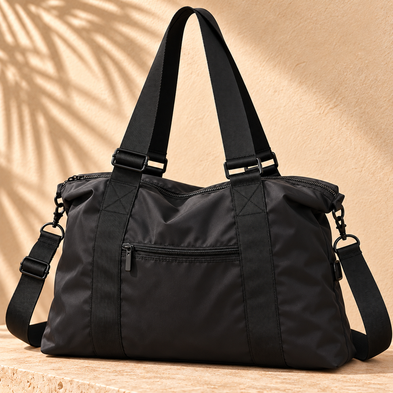 Black Torvato Venture men's duffel bag with adjustable handles, front zip pocket and detachable shoulder strap.