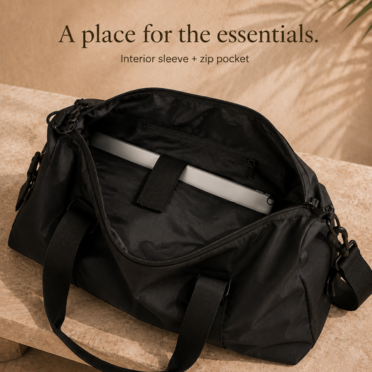 Open Torvato Venture travel duffel showing its interior organization.