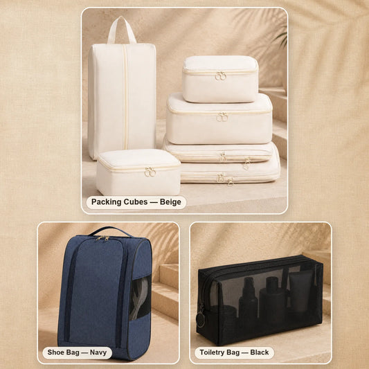Carry-On Organization Kit – Packing Cubes, Shoe Bag & Toiletry Bag — Packing Cube Color: Beige 6pc Set, Shoe Bag Color: Navy