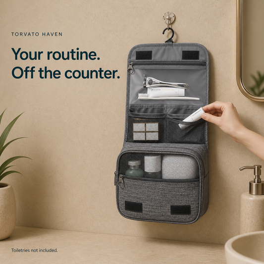Torvato Haven hangs above a bathroom counter while a hand retrieves a toiletry; toiletries not included