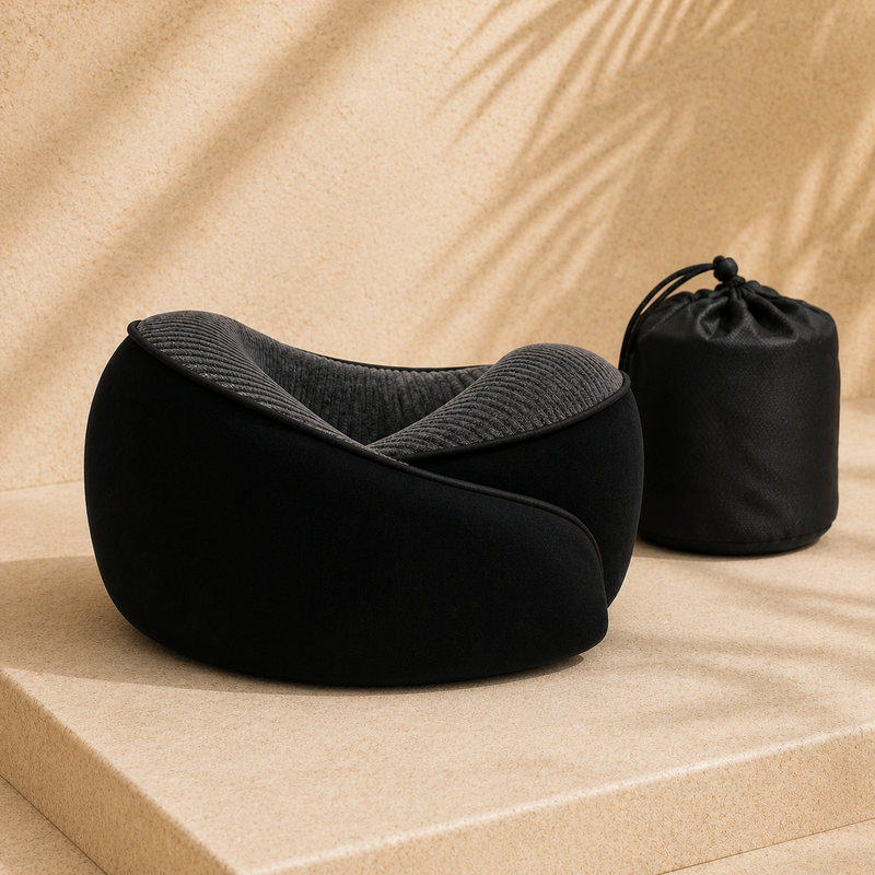 Torvato black memory foam travel neck pillow with included storage bag