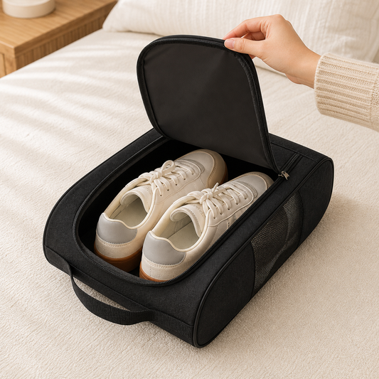 Open Torvato travel shoe bag holding one pair of sneakers