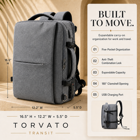 Torvato Transit expandable anti-theft travel backpack features and imperial dimensions
