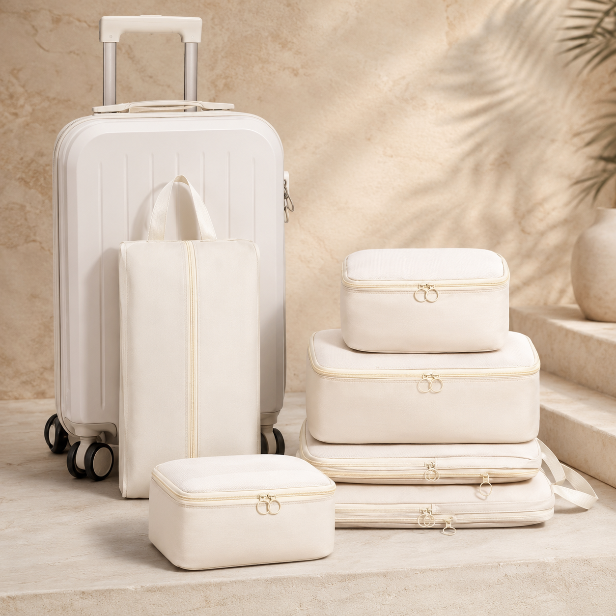 Torvato Vantage beige 6-piece compression packing cube set with shoe bag and luggage organizers

