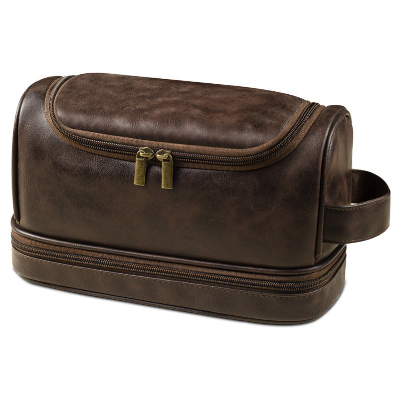 Espresso Brown men’s leather toiletry bag and waterproof travel dopp kit with zip compartments and carry handle by Torvato