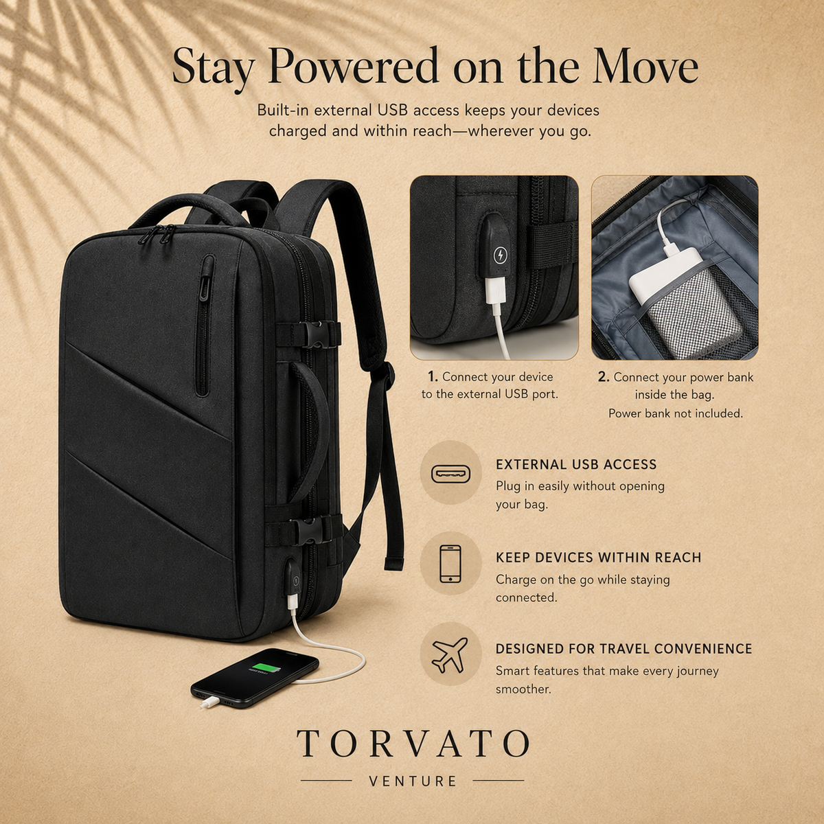 Torvato Venture external USB access and internal cable connection detail