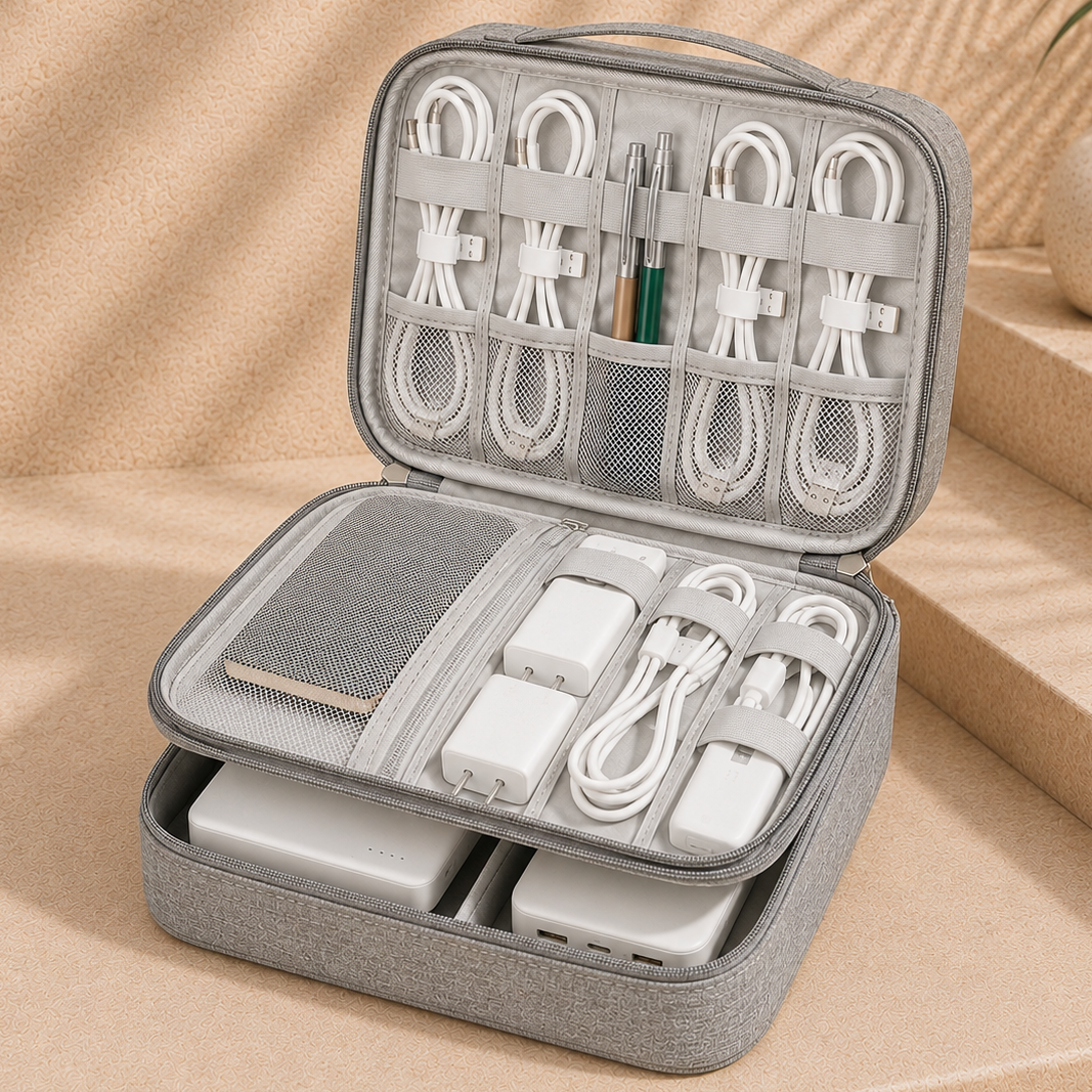 Travel tech and cable organizer - Double layer travel pouch - Torvato Relay - Gray