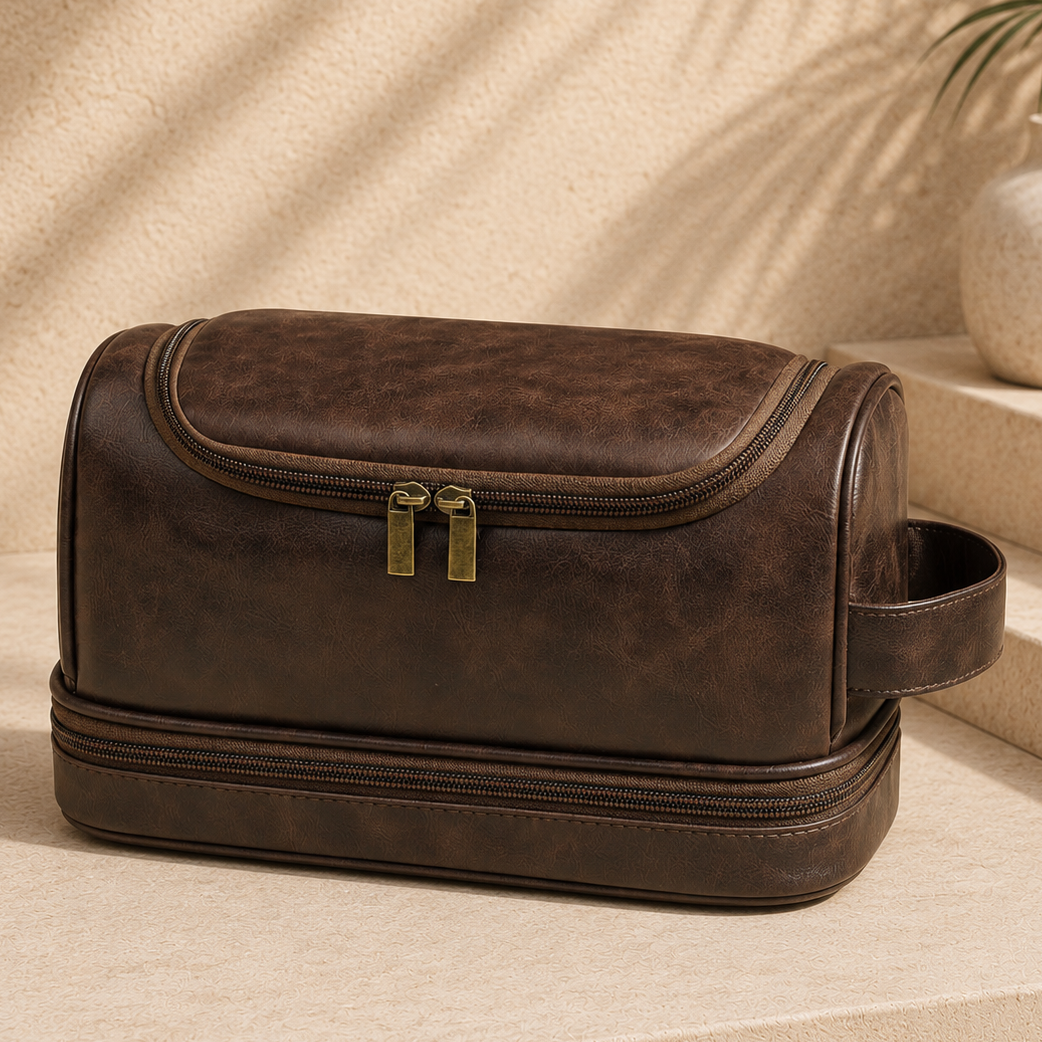 Men's leather toiletry bag - travel toiletry bag - mens travel toiletry bag - torvato meridian espresso