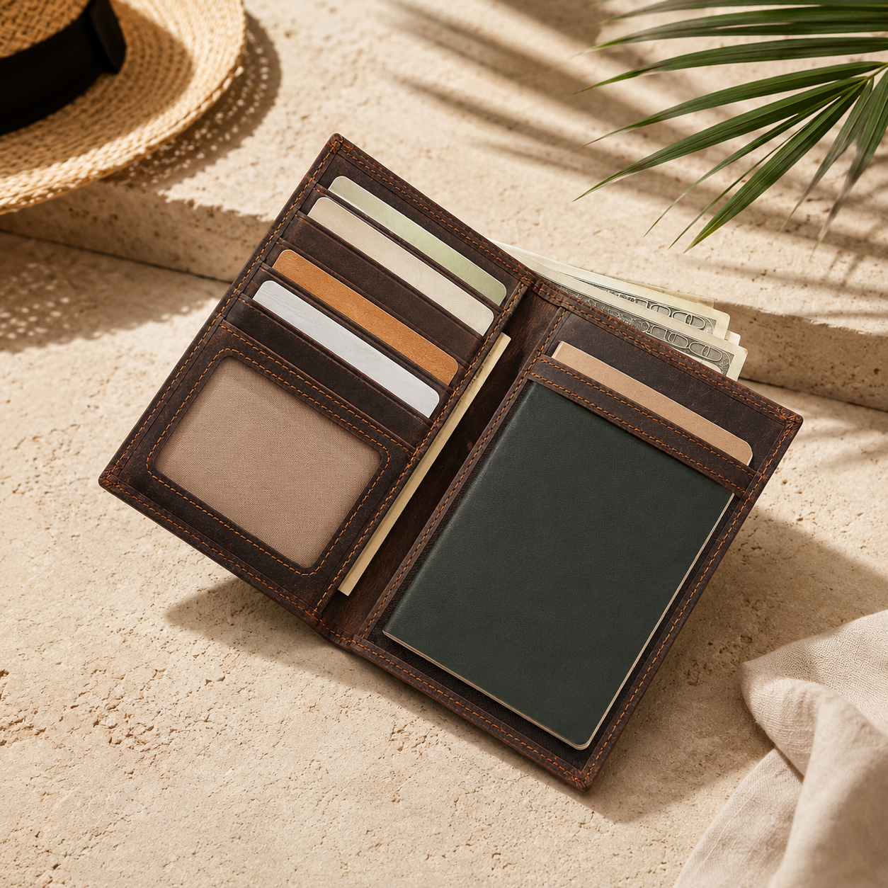 Torvato Passage espresso brown leather passport wallet with card slots, ID window and passport compartment
