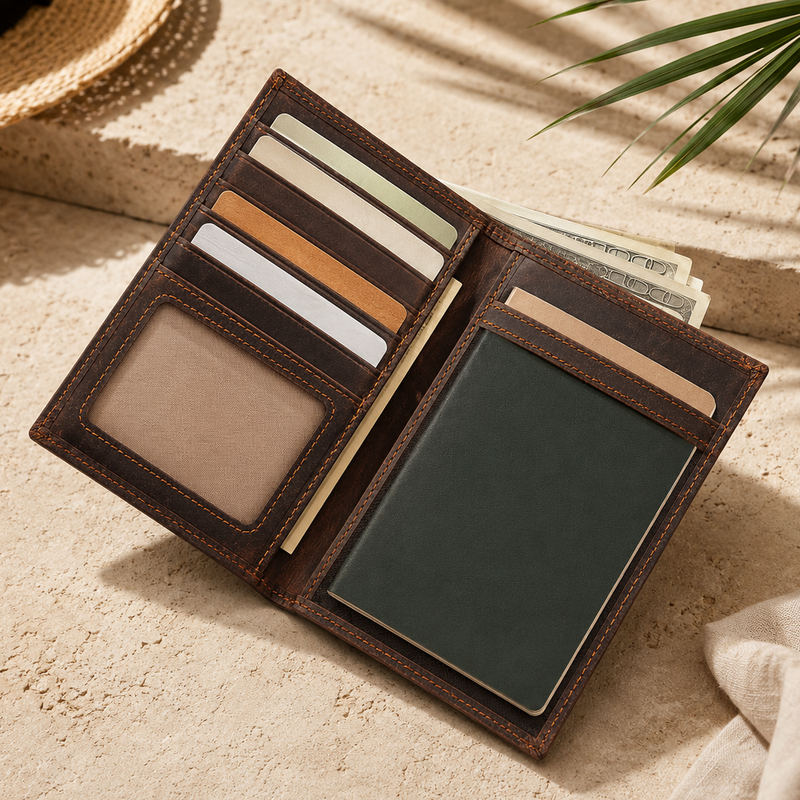 Torvato Passage espresso brown leather passport wallet with card slots, ID window and passport compartment
