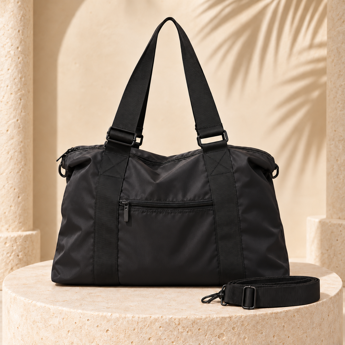 Black Torvato Venture duffel bag with adjustable handles and the detached shoulder strap beside it.
