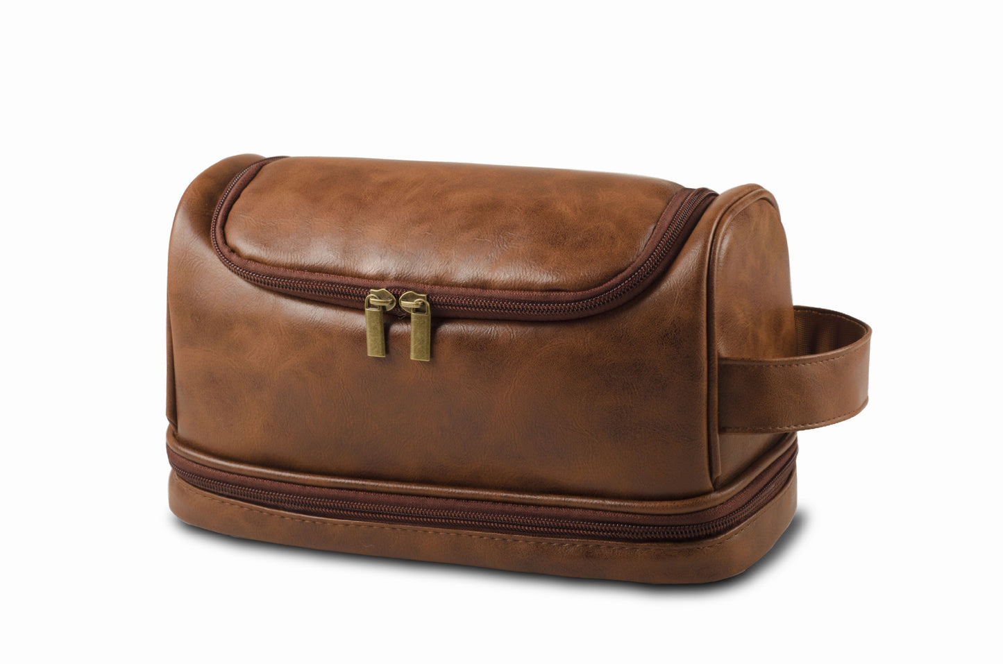 Chessnut Brown men’s leather toiletry bag and waterproof travel dopp kit with zip compartments and carry handle by Torvato