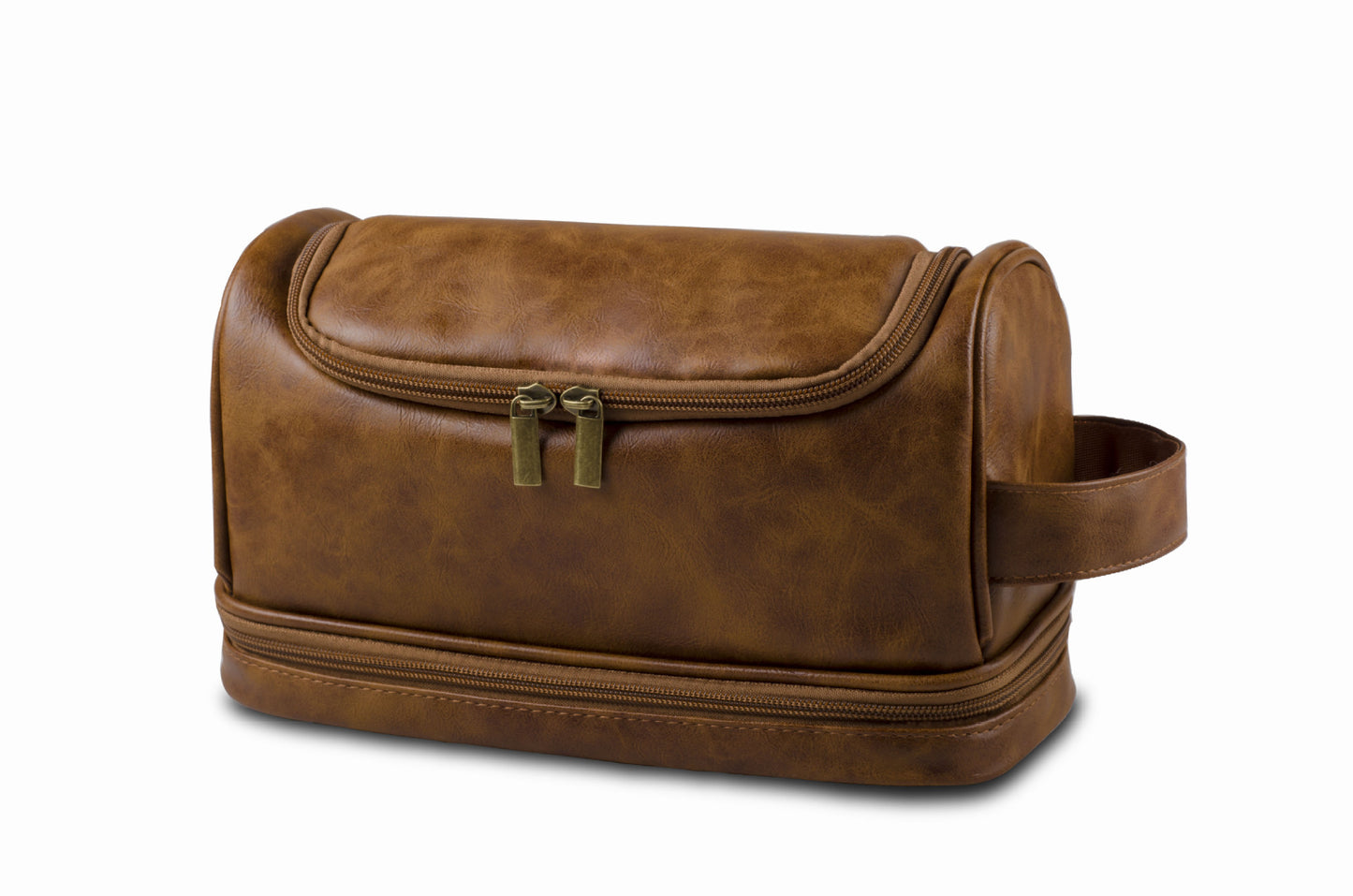 Cognac Brown men’s leather toiletry bag and waterproof travel dopp kit with zip compartments and carry handle by Torvato