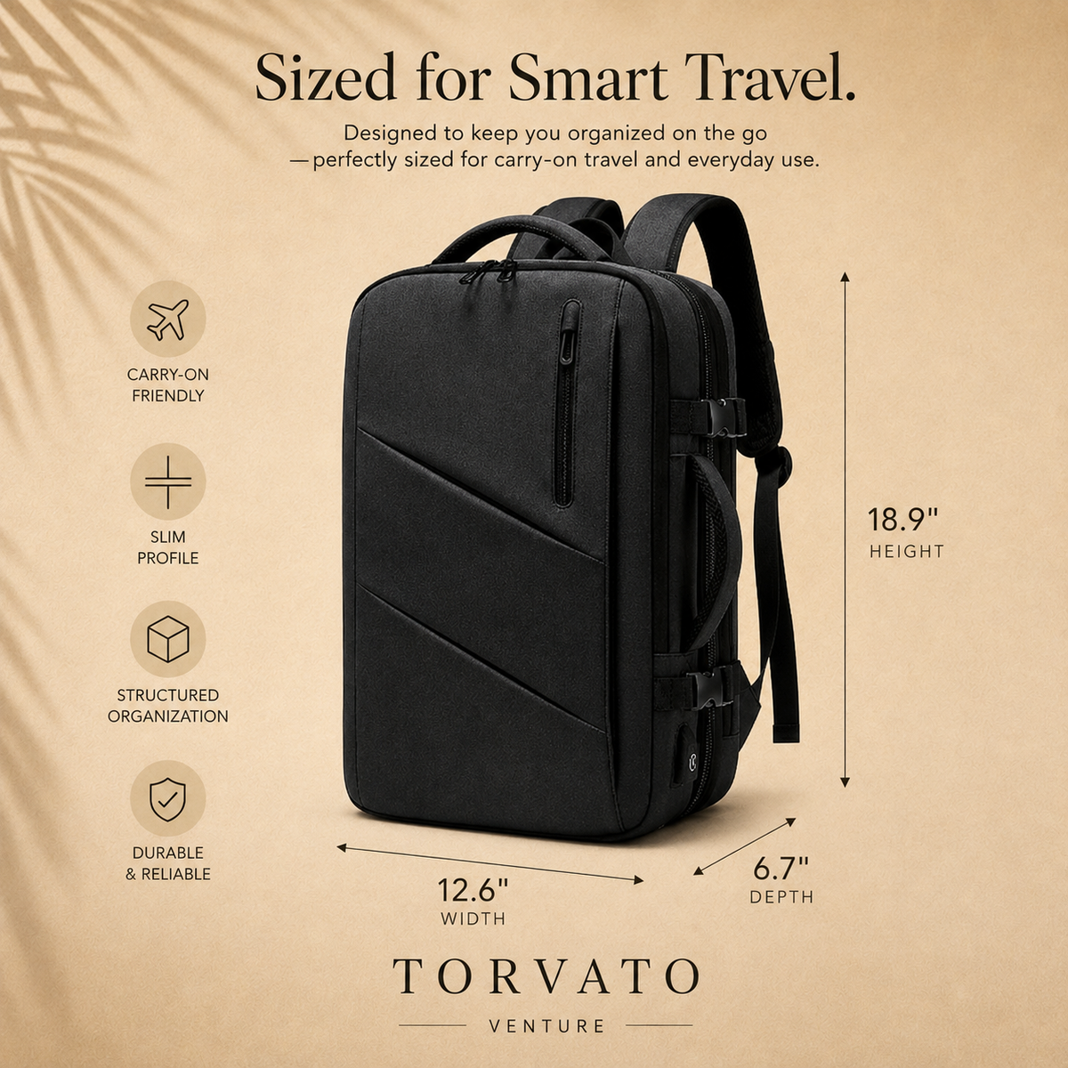 Torvato Venture backpack with approximate width, depth, and height measurements