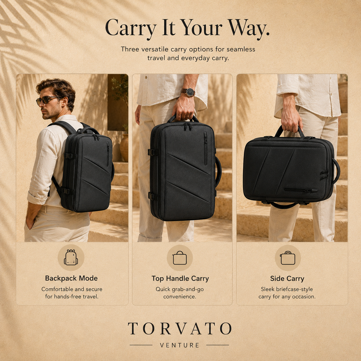 Torvato Venture shown in backpack, top-handle, and side-handle carry positions