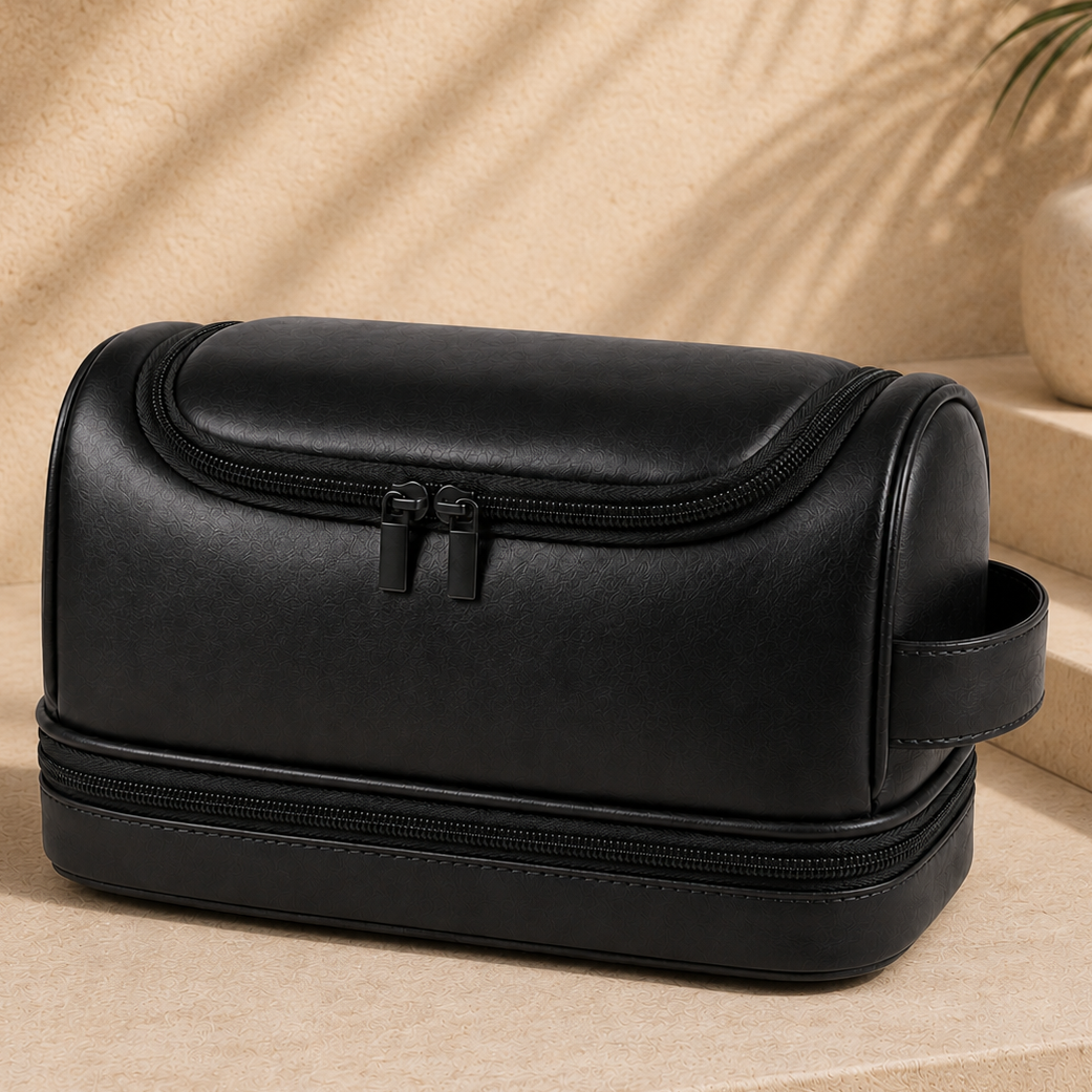 Men's leather toiletry bag - travel toiletry bag - mens travel toiletry bag - torvato meridian black