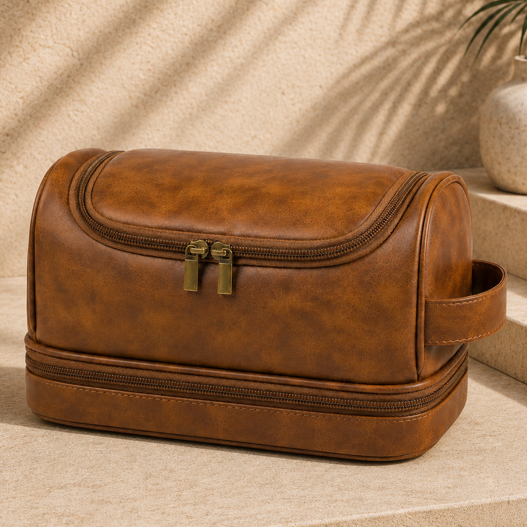 Men's leather toiletry bag - travel toiletry bag - mens travel toiletry bag - torvato meridian chestnut