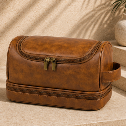Men's leather toiletry bag - travel toiletry bag - mens travel toiletry bag - torvato meridian chestnut