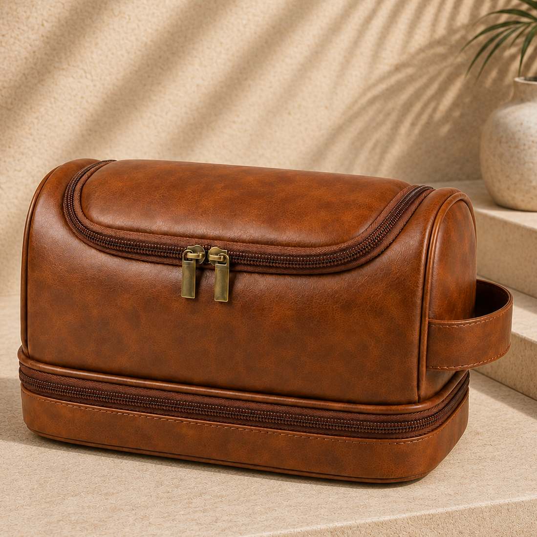 Men's leather toiletry bag - travel toiletry bag - mens travel toiletry bag - torvato meridian cognac