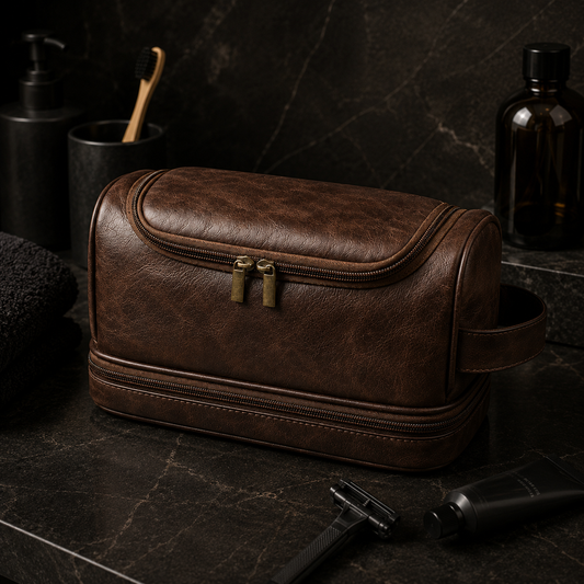 Brown men’s leather toiletry bag and waterproof travel dopp kit with zip compartments and carry handle by Torvato