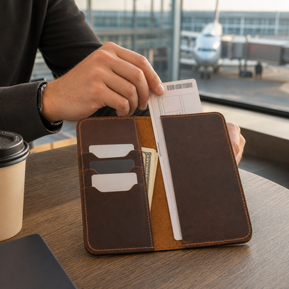 Traveler organizing a boarding document in the Heritage leather wallet