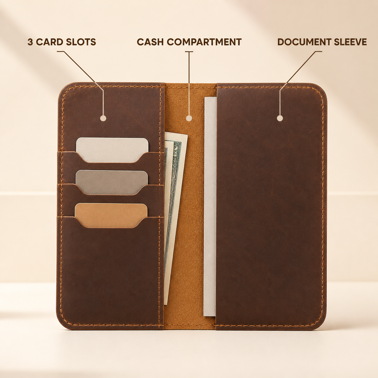 Heritage leather travel wallet card slots cash compartment and document sleeve