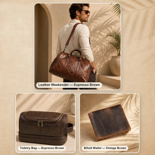 Heritage Weekend Travel Set – Duffel, Toiletry Bag & Wallet — Duffel Finish: Espresso Brown, Toiletry Bag Color: Espresso Brown
