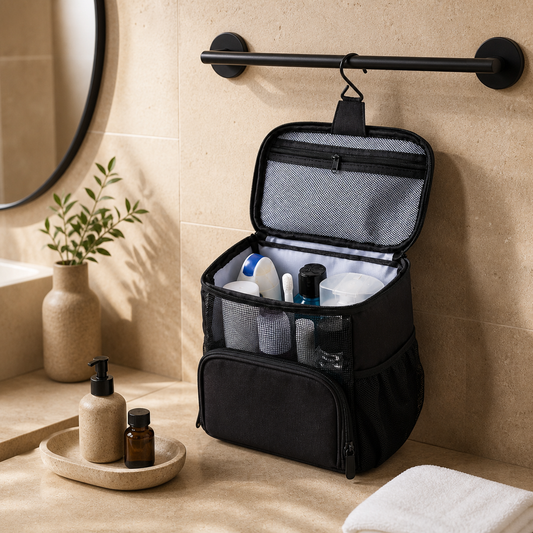 Torvato Haven hanging toiletry bag open in a hotel bathroom