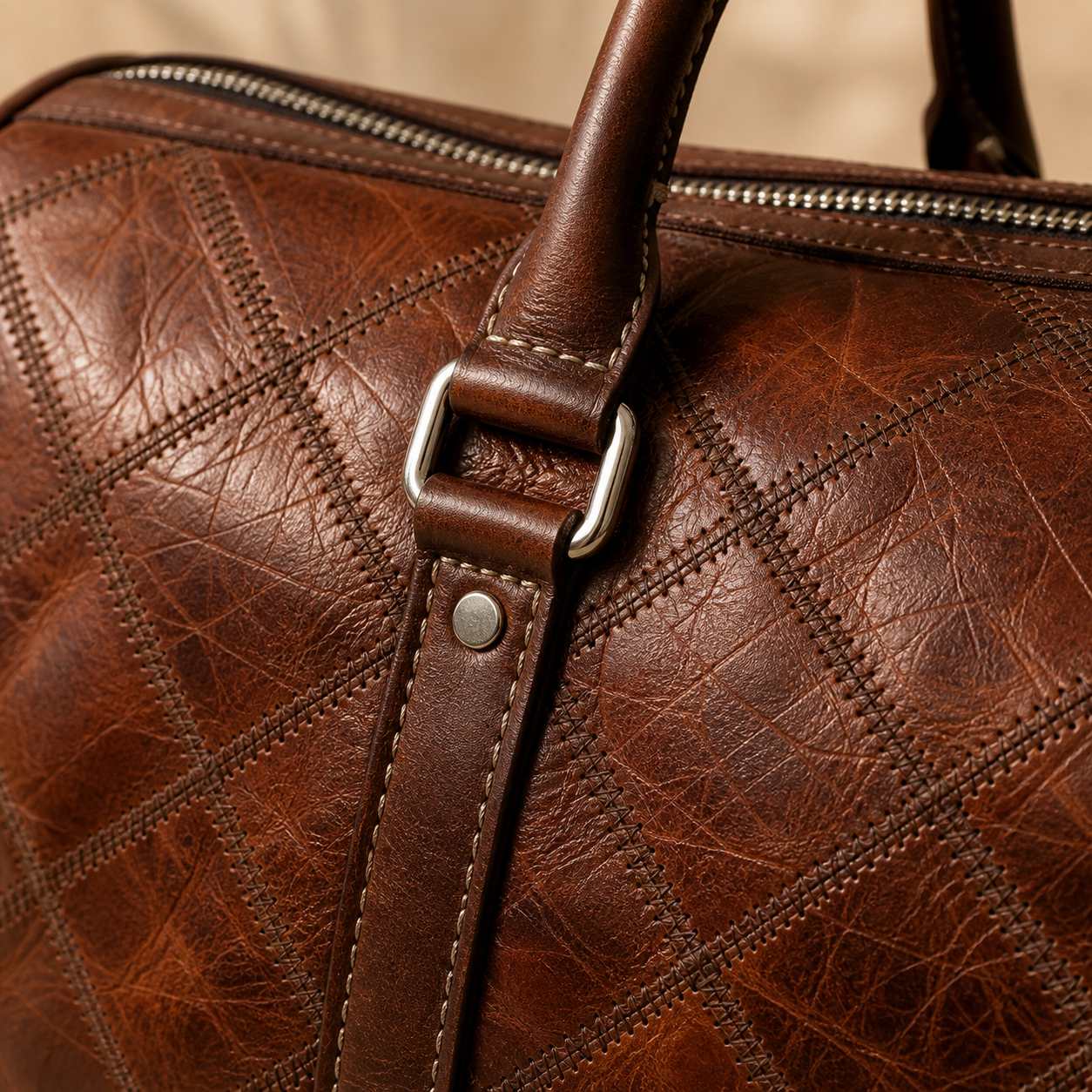 Close-up of Torvato Regent leather grain stitching and silver hardware