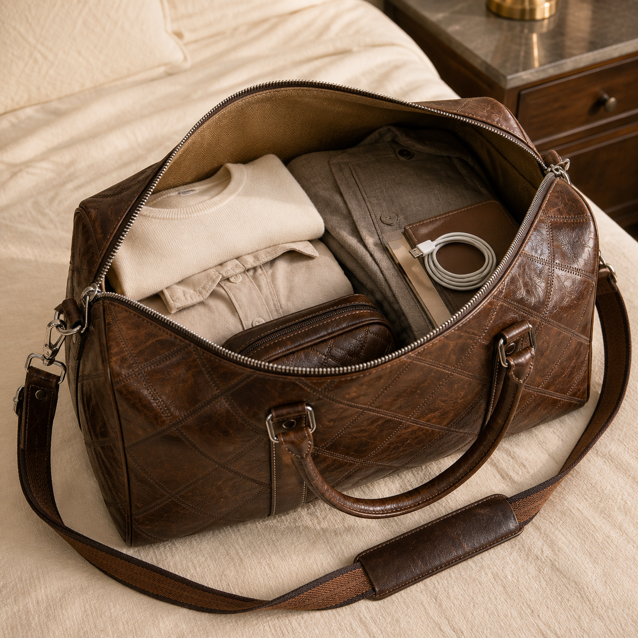Open Torvato Regent leather weekender packed for a short trip