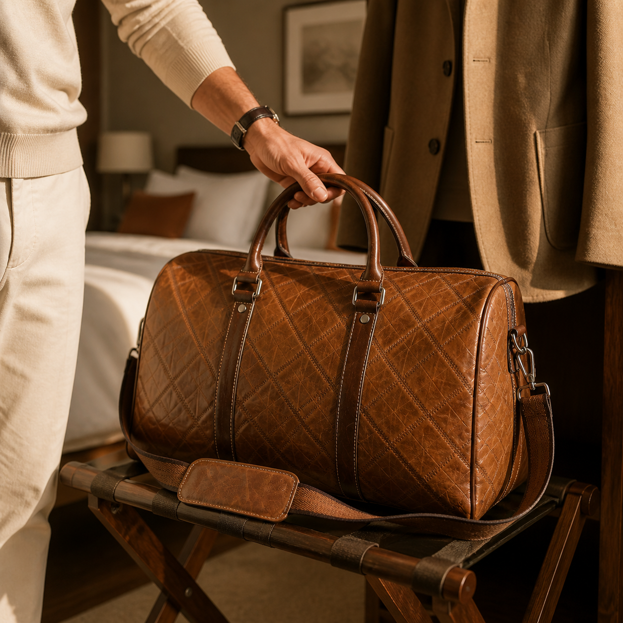 Cognac Torvato Regent leather weekender on a hotel luggage rack