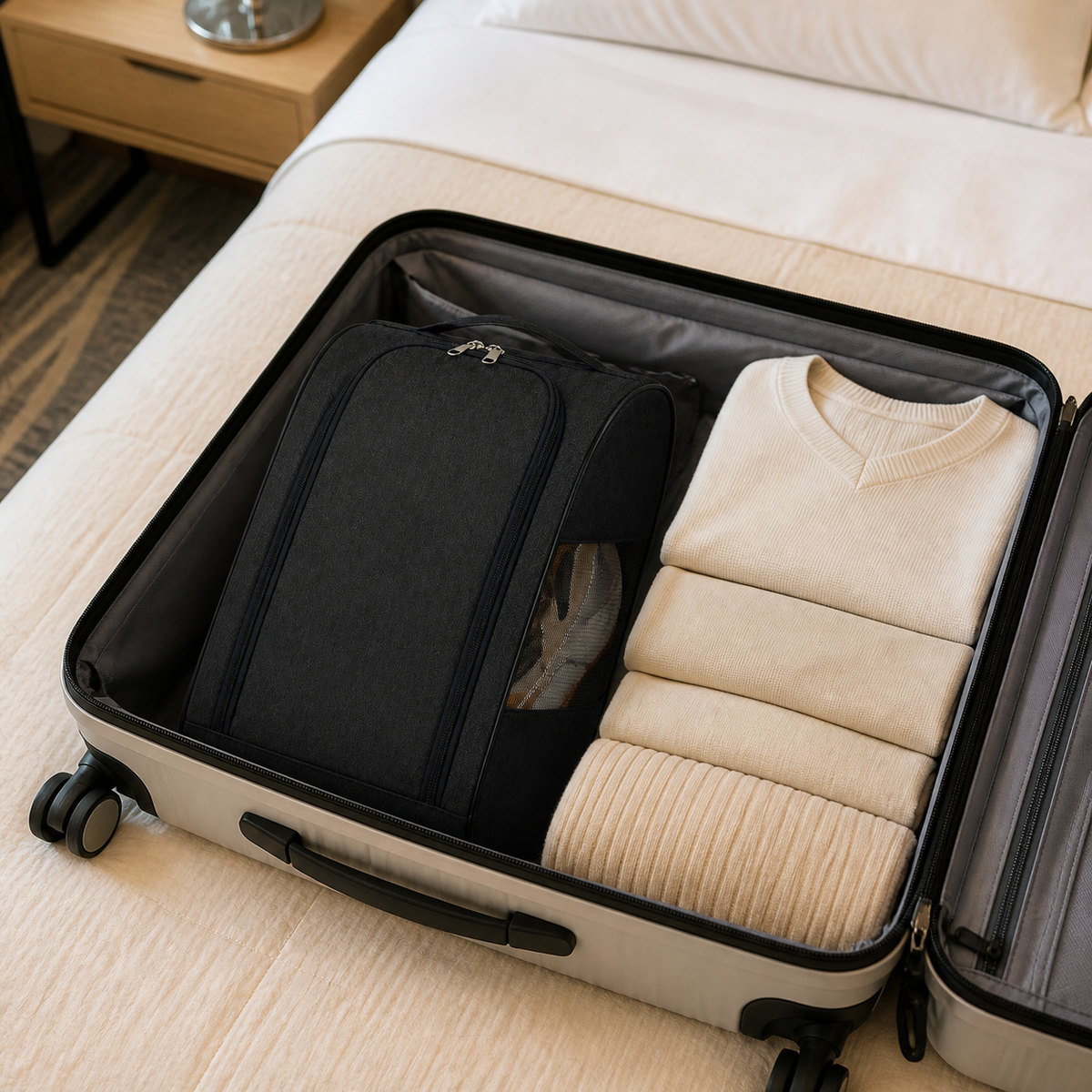 Torvato shoe organizer separating footwear from clean clothes in a suitcase