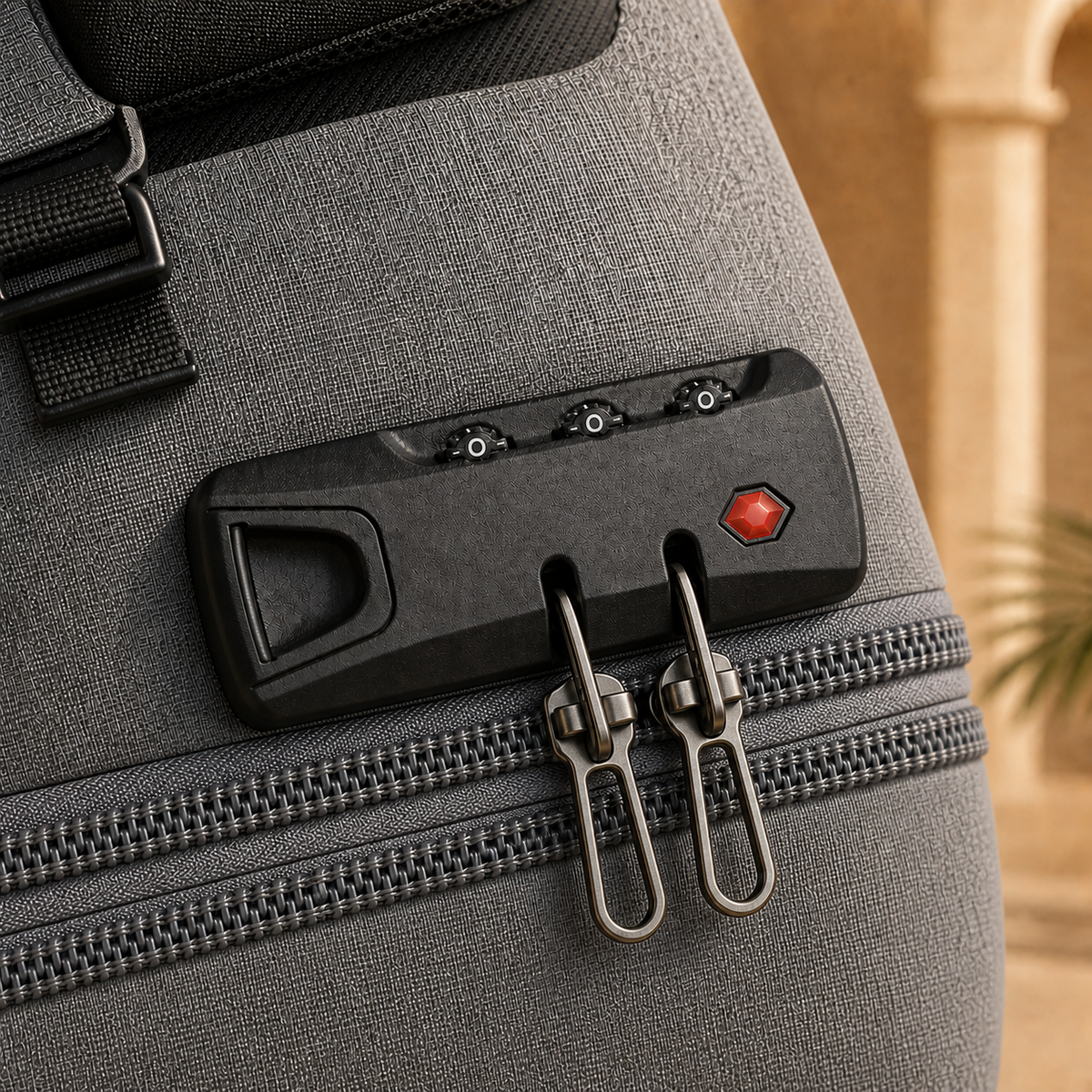 Torvato Transit anti-theft combination lock securing the main-compartment zipper beside the expansion zipper