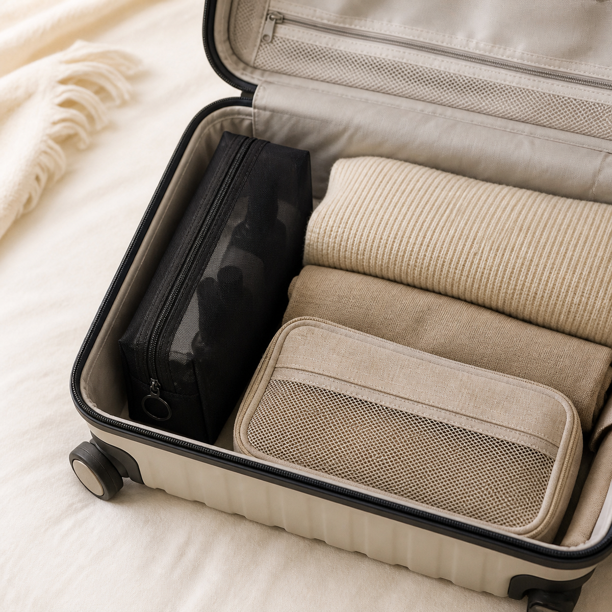 Slim Torvato transparent toiletry bag packed inside a carry-on suitcase