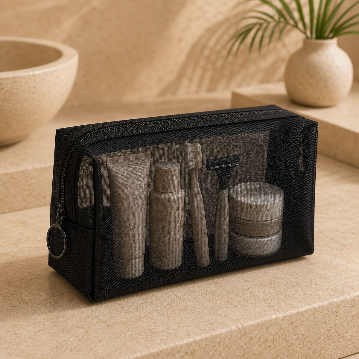 Torvato transparent toiletry bag with travel essentials visible through the mesh