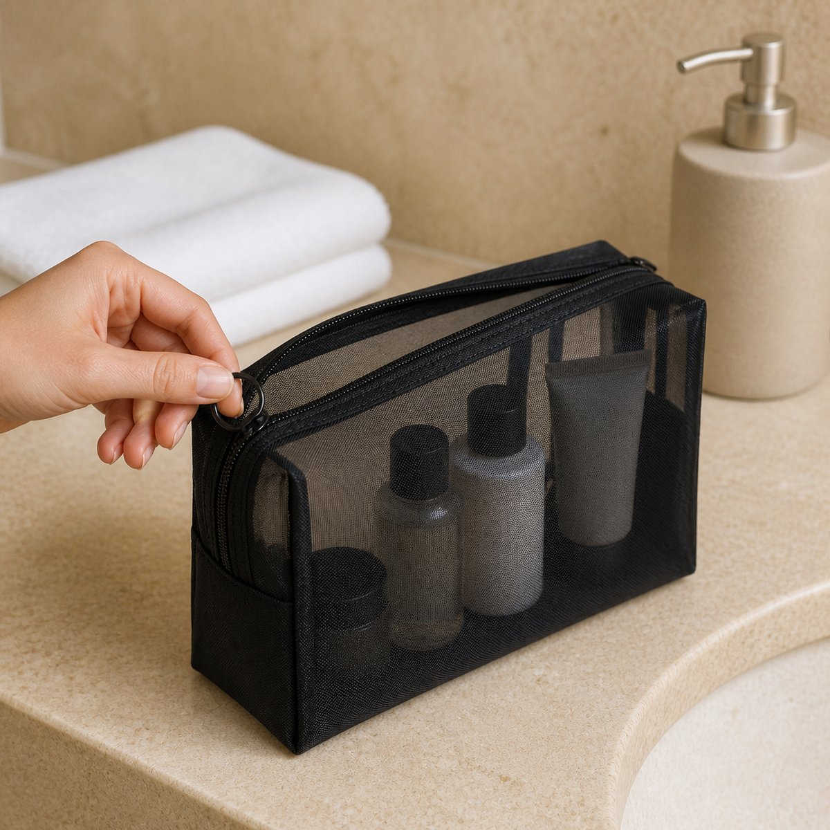 Torvato transparent toiletry bag opening with circular zipper pull