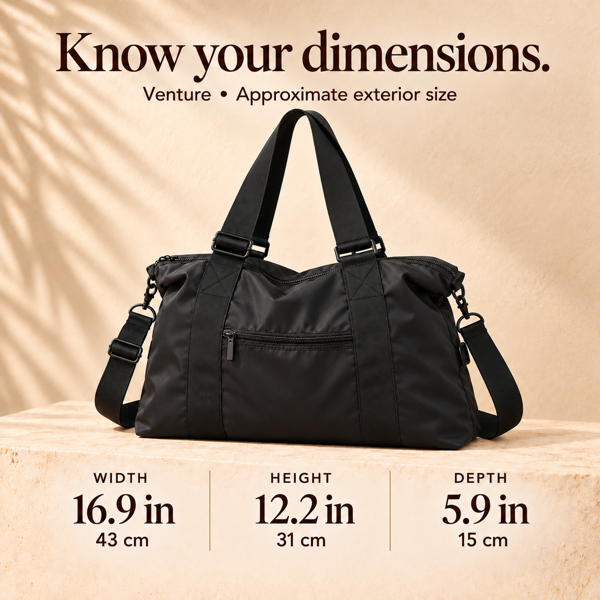 Venture duffel bag dimensions: approximately 16.9 inches wide, 12.2 inches high and 5.9 inches deep (43 × 31 × 15 cm).