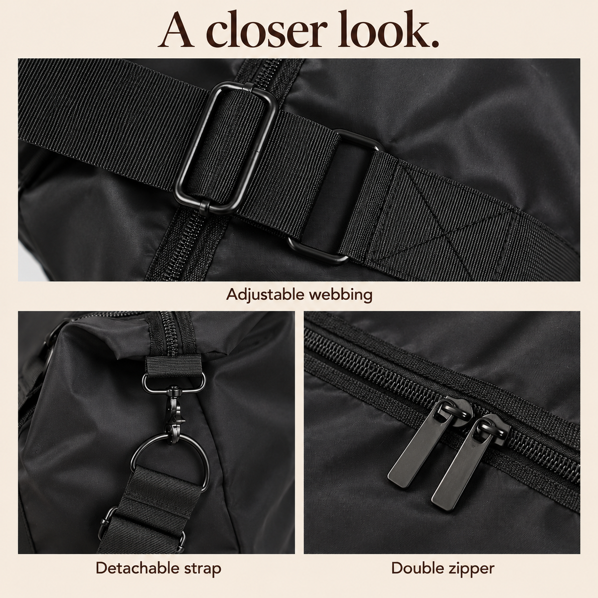 Close-ups of the Torvato Venture adjustable webbing, detachable shoulder-strap clip and double zipper pulls.