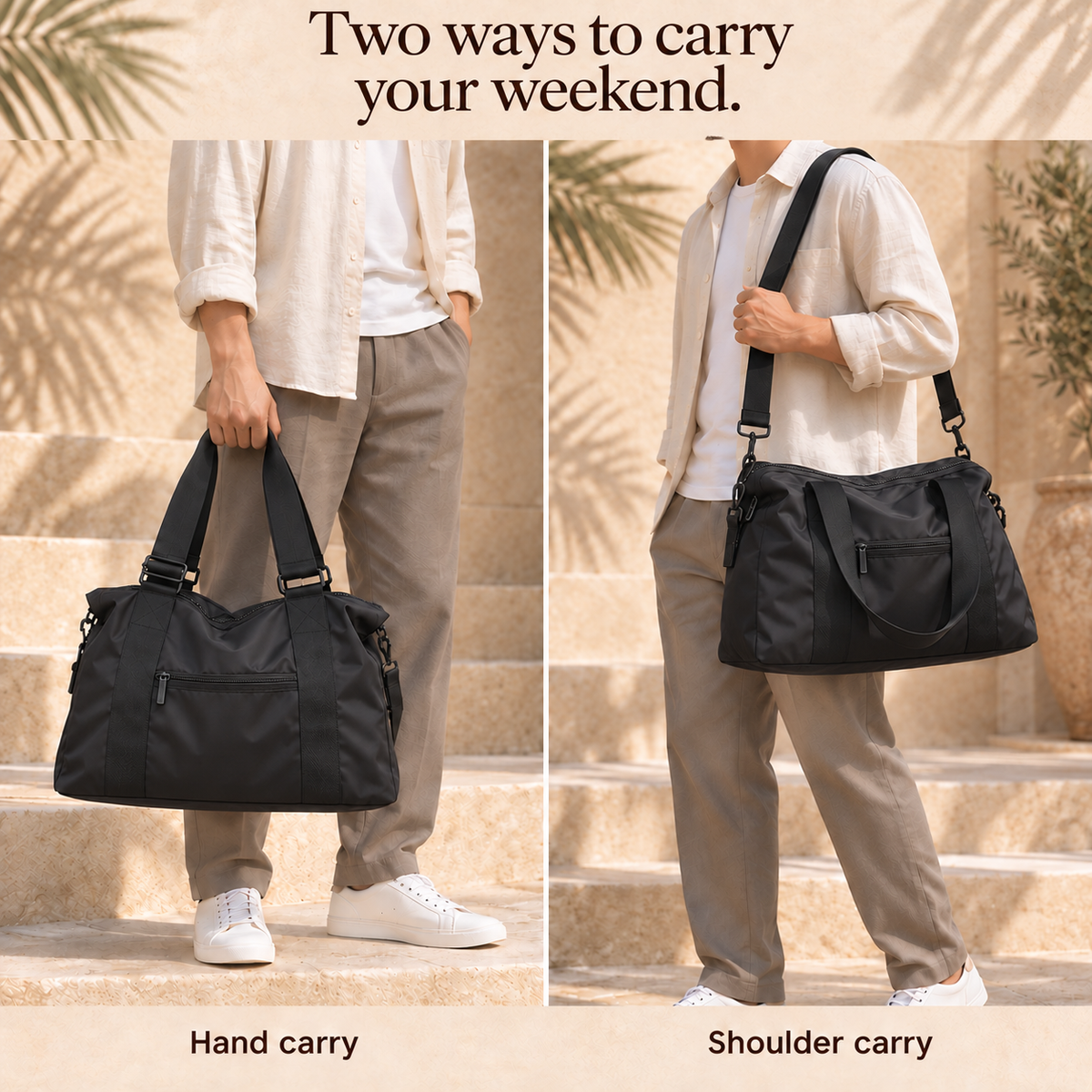 Torvato Venture weekend travel carrying illustration showing the same traveler with hand and shoulder carry. Caption: Two ways to carry your weekend.