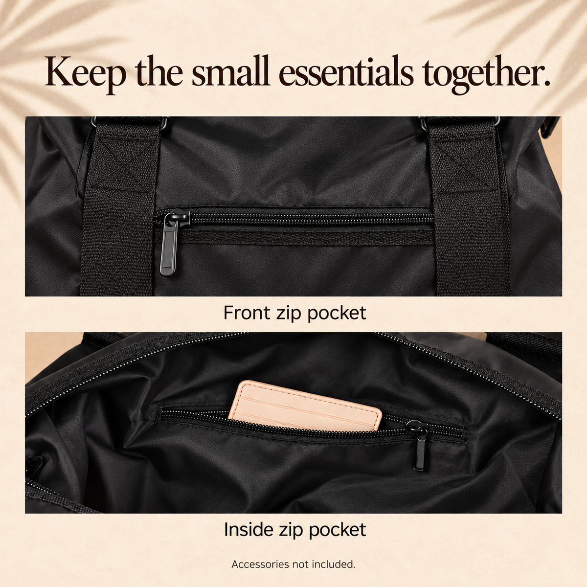 Detail graphic of the Venture weekender's front zip pocket and inside zip pocket. Caption: Keep the small essentials together. Accessories not included.